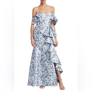 Badgley Mischka Blue Floral Off-Shoulder Gown